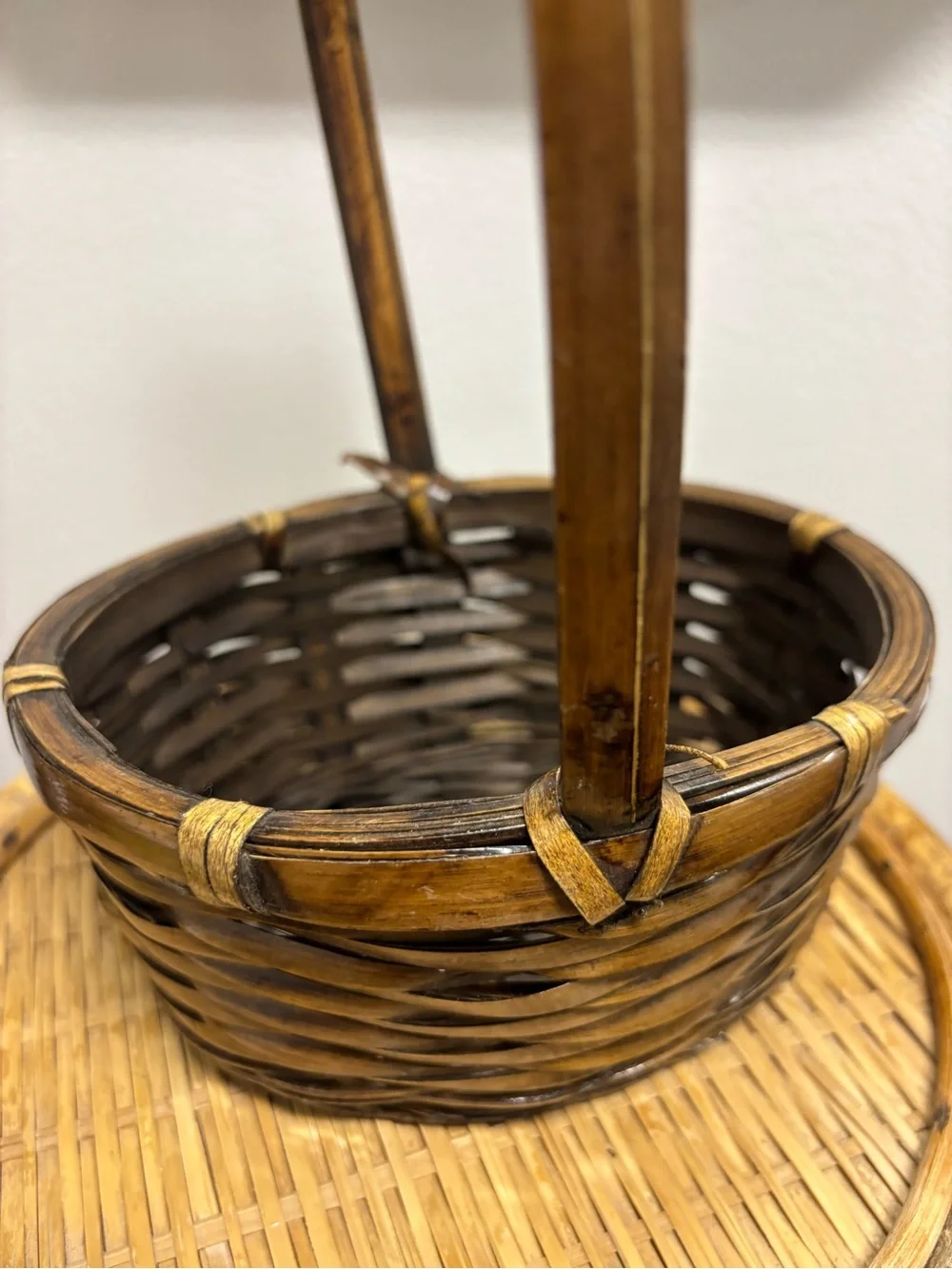 Handwoven Brown Wicker Basket with Tall Handle by